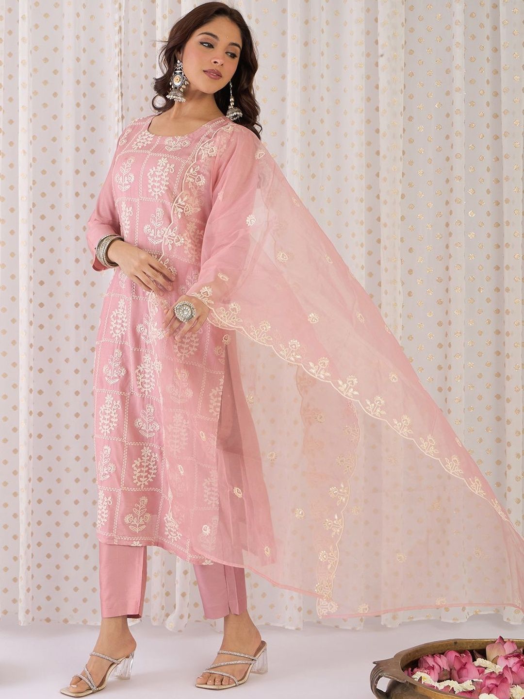 Women Ethnic Motifs Embroidered Regular Thread Work Kurta with Trousers & With Dupatta