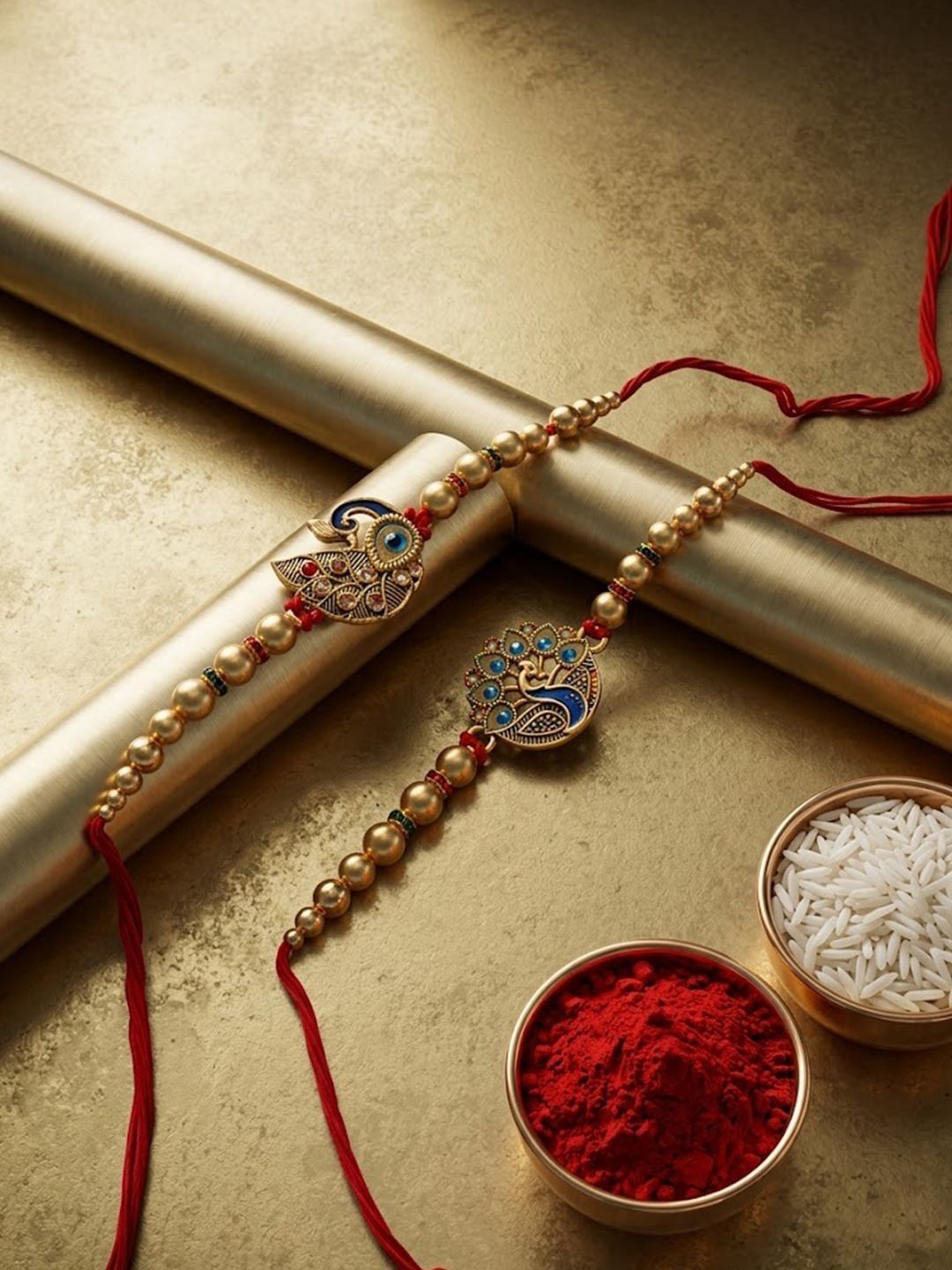 Anouk Set Of 2 Peacock & Ghungroo Design Multicolor Thread Rakhi With Roli Chawal Chandan