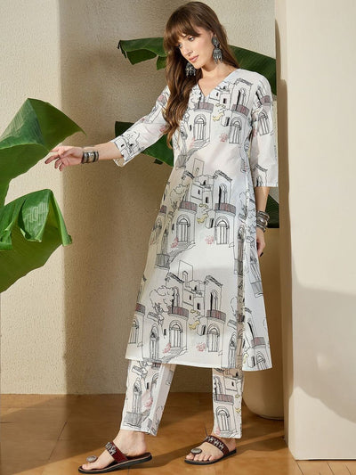 Indyancart IE Women White Printed Regular V-Neck A-Line Pure Cotton Kurta Sets