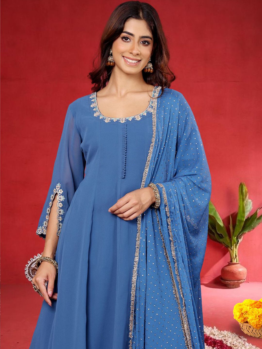 Indyancart VA Women Embroidered Sequinned Kurta with Palazzos & Dupatta