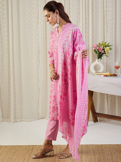 Women Floral Printed Regular Pure Cotton Kurta with Trousers & With Dupatta