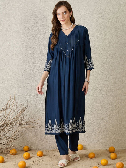 Floral Embroidered Pleated Kurta with Trousers
