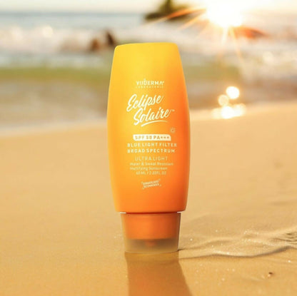 Yuderma Eclipse Solaire Mattifying Sunscreen SPF 50 PA+++ for normal skin, showing the sunscreen tube with a sleek design.