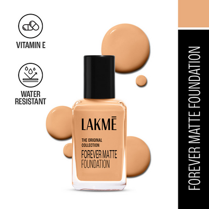 Lakme Forever Matte Foundation for superior coverage, featuring a resist marble finish, shown in a sleek foundation bottle.