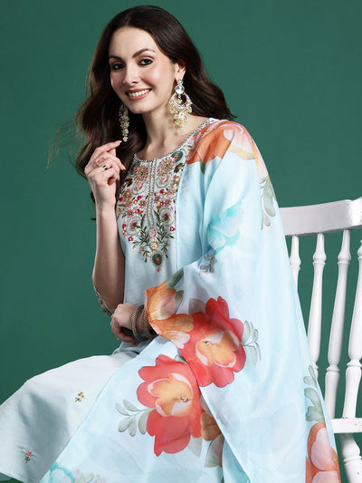 Indyancart IE Ethnic Motifs Embroidered Thread Work Kurta with Trousers & With Dupatta