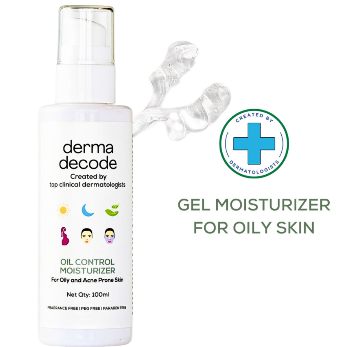 Derma Decode oil-free moisturizer gel for oily, acne-prone skin providing lightweight hydration and clear complexion.
