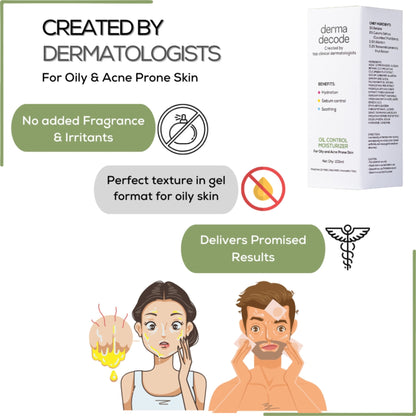 Derma Decode oil-free moisturizer gel for oily, acne-prone skin, providing lightweight hydration and a clear complexion