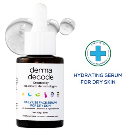 Derma Decode Niacinamide Serum with ceramide and hyaluronic acid visibly showing a dropper bottle on a white background.