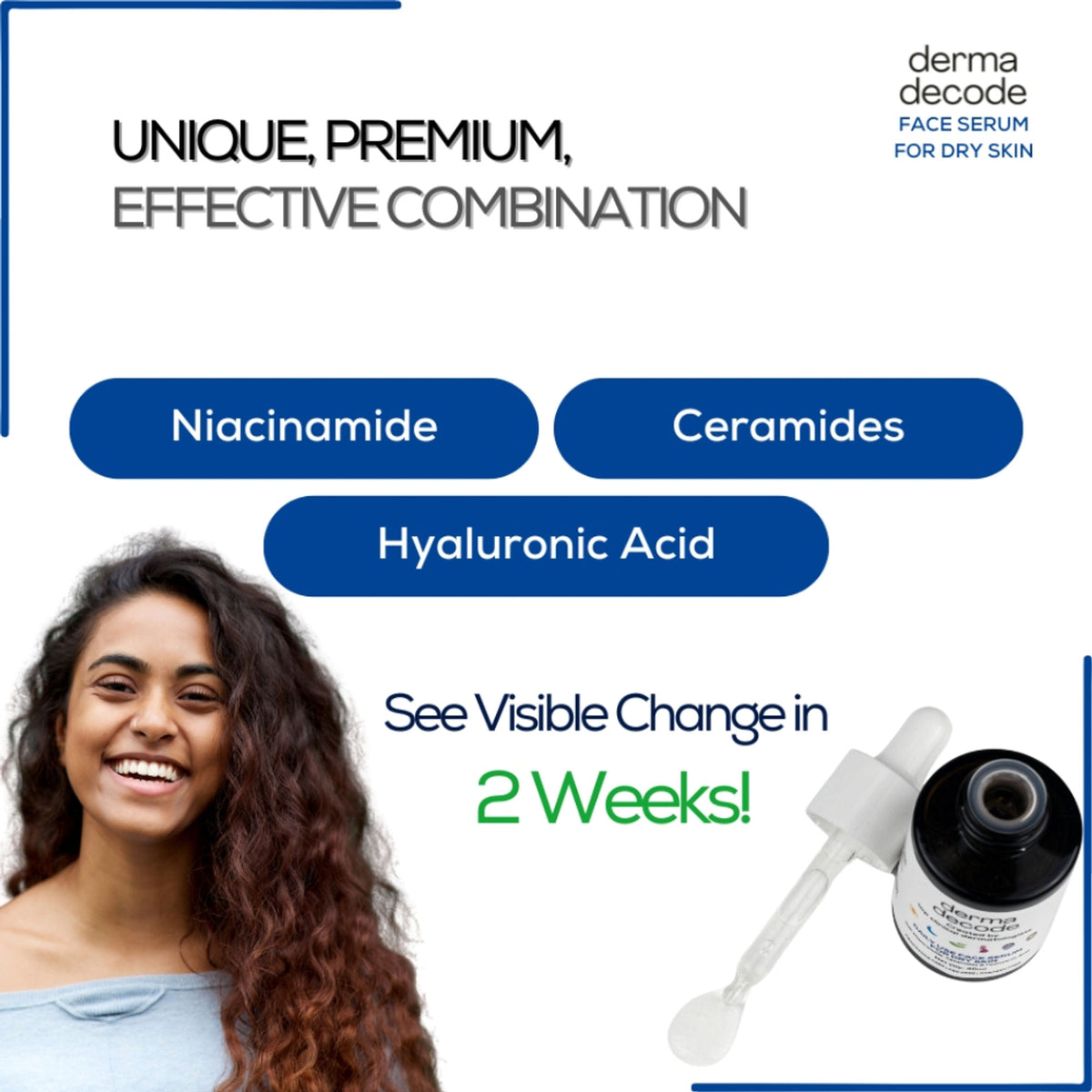 Derma Decode 10% Niacinamide serum with ceramide and hyaluronic acid for repairing dry skin and strengthening the skin barrier.