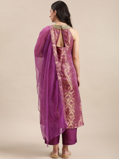 Indyancart VA Women Purple Ethnic Motifs Woven Design Kurta With Palazzos & Dupatta