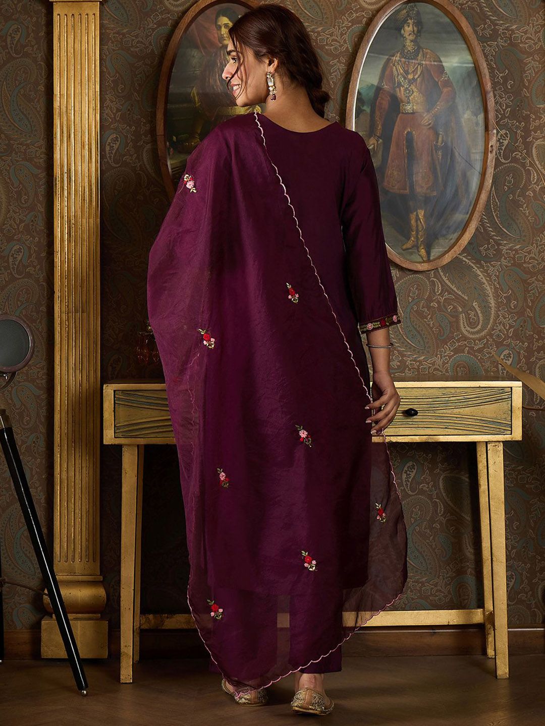 Indyancart IE Floral Embroidered Kurta With Trousers & Dupatta