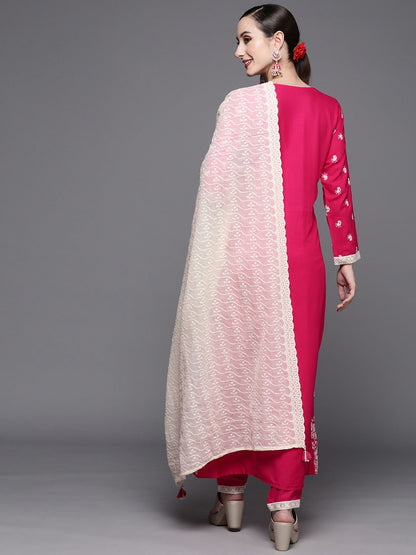 Indyancart IE Women Pink Ethnic Motifs Embroidered Sequinned Kurta with Trousers & With Dupatta