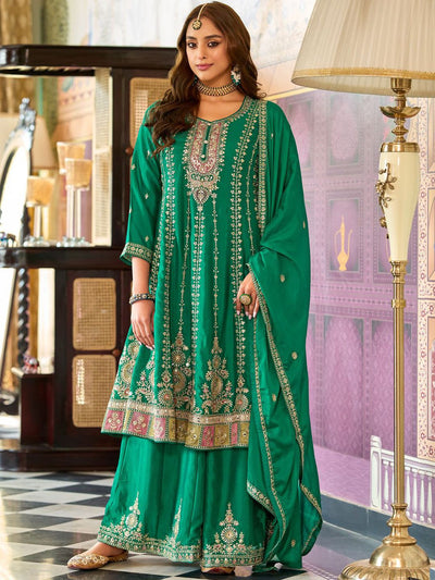 Dhiyona IE Floral Embroidered Mirror Work Round Neck Anarkali Kurta With Palazzos & Dupatta
