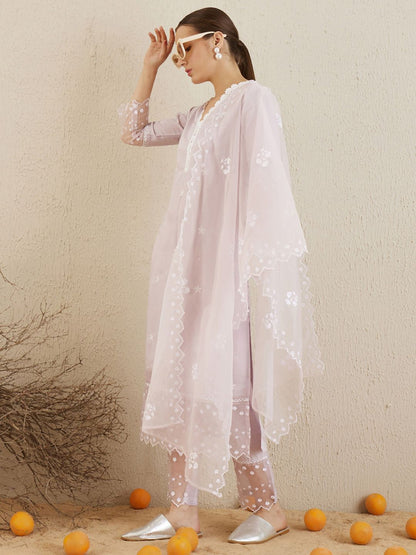 Indyancart IE Floral Embroidered V-Neck Thread Work Kurta with Trousers & With Dupatta