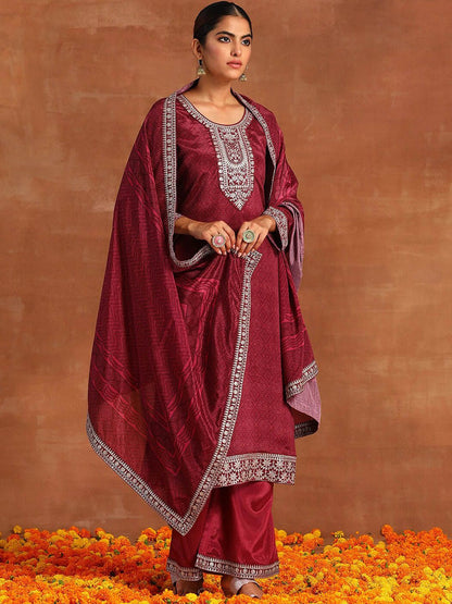 Indyancart IE Ethnic Motifs Printed Sequinned Detail Straight Kurta & Palazzos With Dupatta