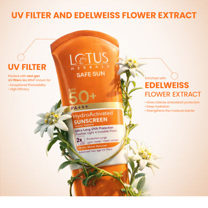 Lotus Herbals Safe Sun Hydro Activated Sunscreen SPF 50+ PA+++ & 10 Hr Water Resistant