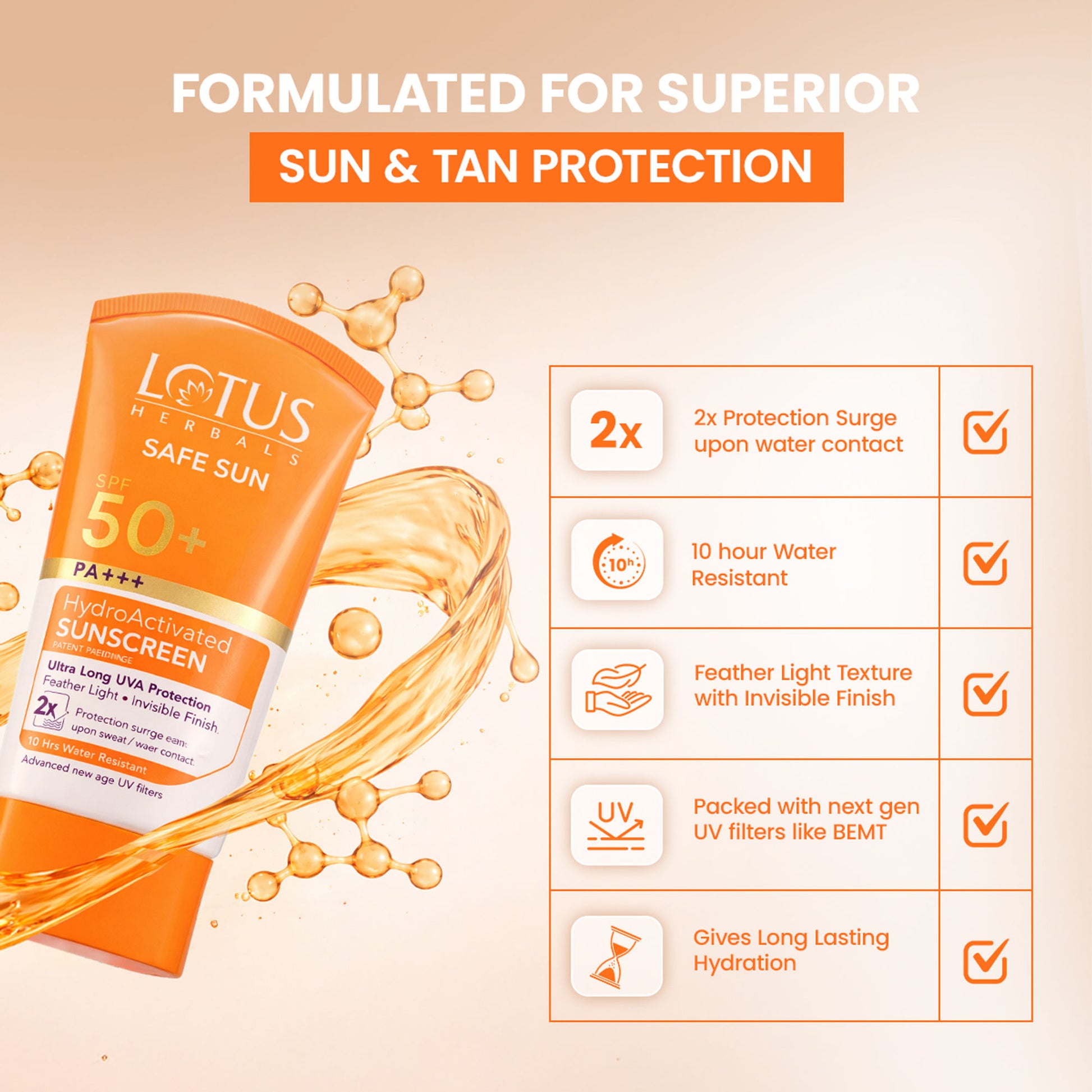 Lotus Herbals Safe Sun Hydro Activated Sunscreen SPF 50+ PA+++ & 10 Hr Water Resistant