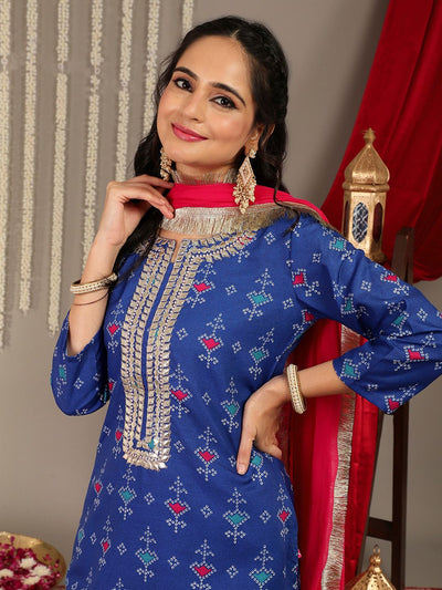 Indyancart VA Women'sBandhani Printed Gotta Patti Straight Kurta & Trouser With Dupatta