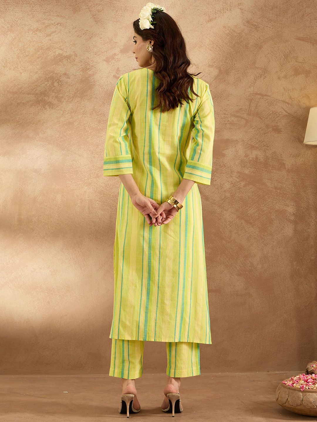 Indyancart IE Striped V-Neck Pure Cotton Tunic With Trouser
