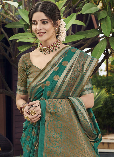 Indyancart GR Women's Yashomati Emerald Green Zari Woven Design Chanderi Cotton Saree