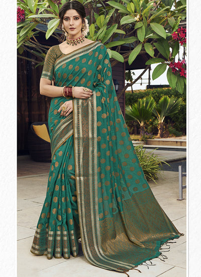 Indyancart GR Women's Yashomati Emerald Green Zari Woven Design Chanderi Cotton Saree