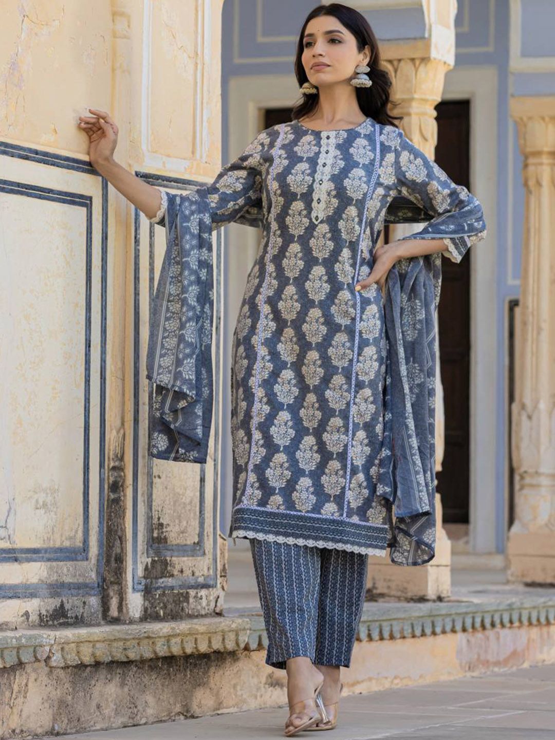 Indyancart VA Women'sEthnic Motifs Printed Regular Thread Work Kurta with Trouser & Dupatta