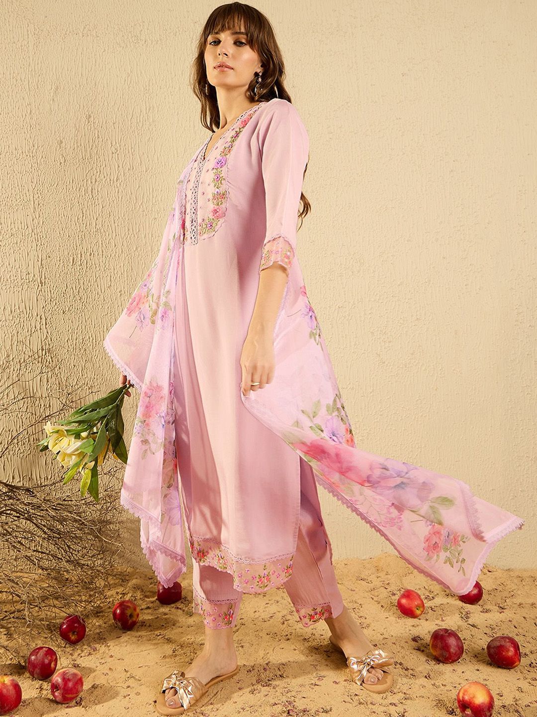 Lavender Floral Embroidered V-Neck Straight Kurta with Trousers & Dupatta