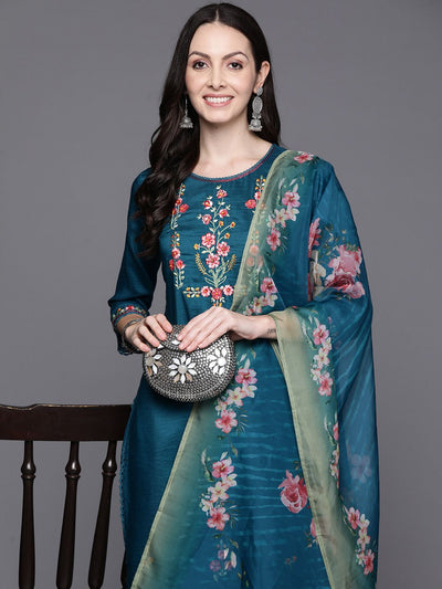 Dhiyona IE Women Floral Embroidered Regular Thread Work Kurta with Trousers & With Dupatta