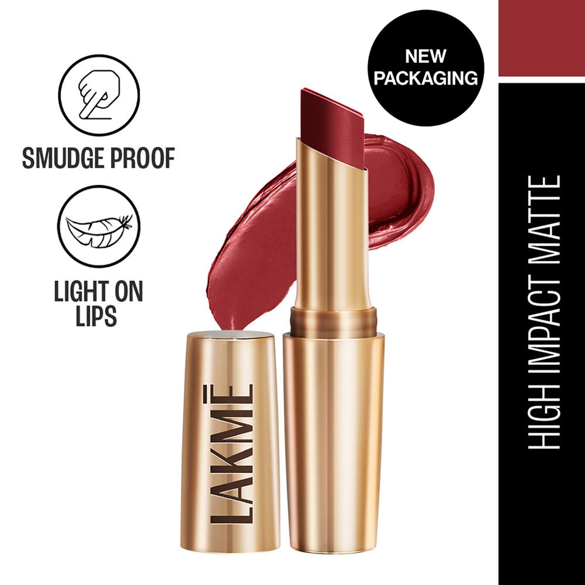 Lakme 9 To 5 Powerplay Priming Matte Lipstick in Cherry Chic, showcasing the deep red lipstick on a model's lips.