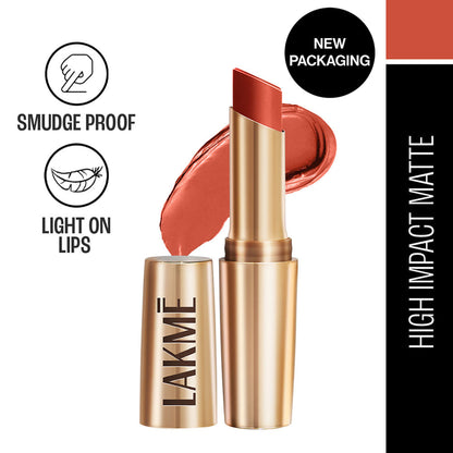 Lakme 9 To 5 Powerplay Priming Matte Lipstick in Brick Blush, with a smooth, matte finish and long-lasting color.
