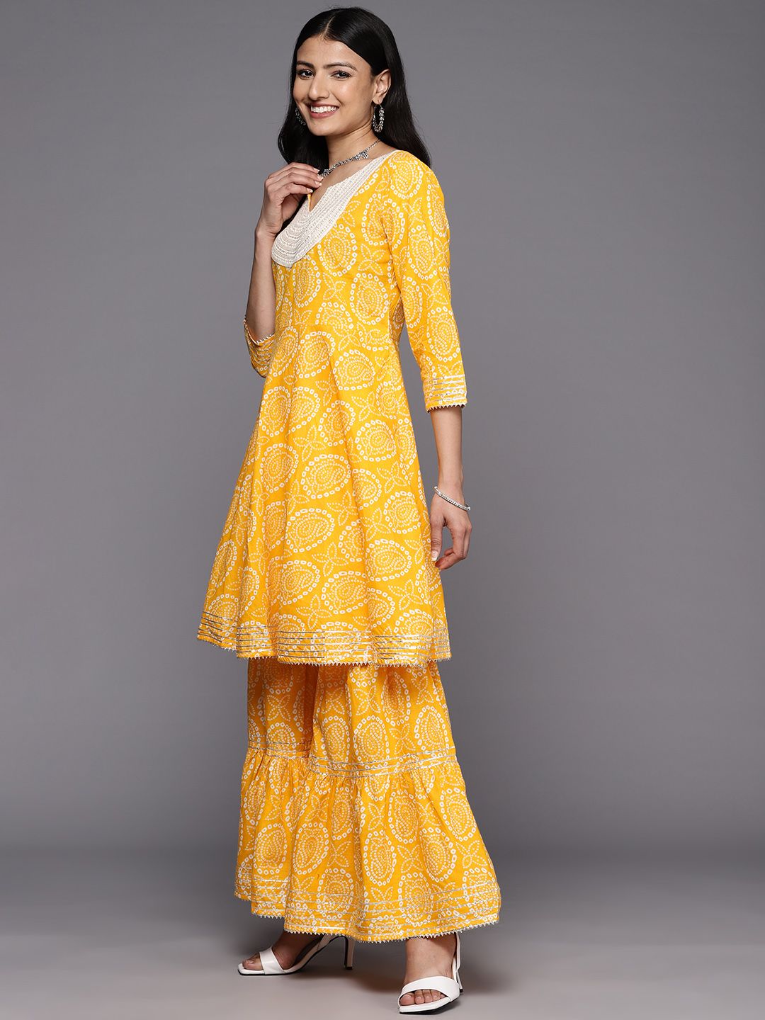 Indyancart VA Women'sBandhani Printed Gotta Patti Pure Cotton Kurta With Sharara & With Dupatta