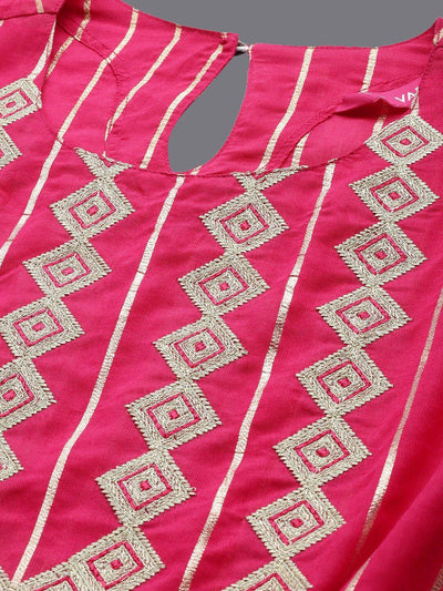 Indyancart VA Women's Pink Embroidered Chanderi Silk Kurta with Trousers