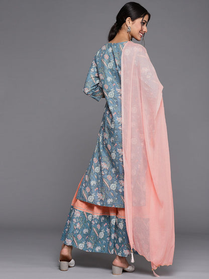 Indyancart VA Women's Blue Ethnic Motifs Printed Straight Kurta with Sharara & With Dupatta