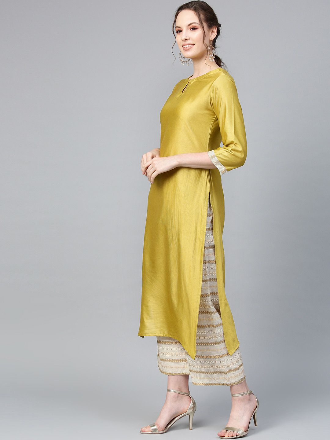 Dhiyona IE Women Mustard & Beige Printed Kurta with Palazzos & Dupatta