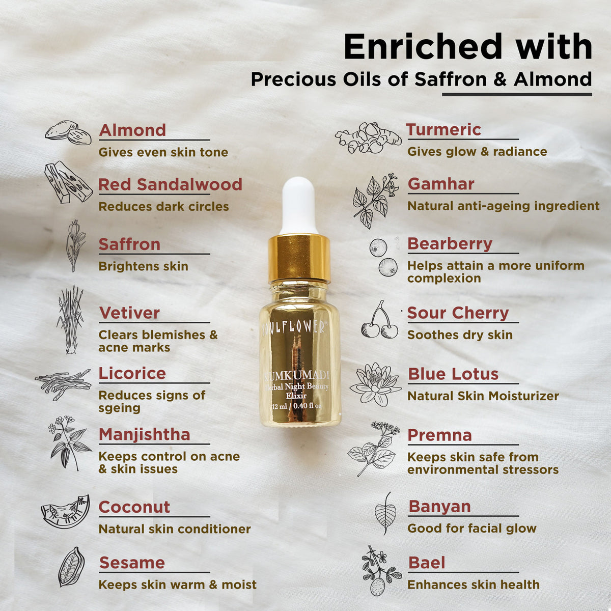 Soulflower Kumkumadi Tailam Saffron Night Serum Face Oil for Skin Glow, Anti Aging, Dark Spots