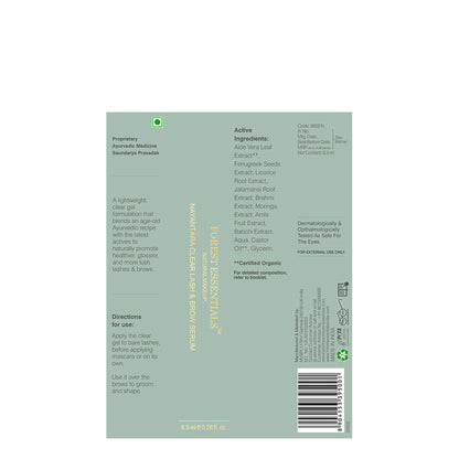 Forest Essentials Nayantara Clear Lash and Brow Growth Serum with Ayurvedic ingredients and Vitamin E for natural hair enhancement.