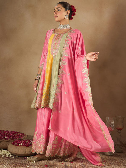 Indyancart IE Women Ethnic Motifs Embroidered Panelled Sequinned Kurta with Palazzos & Dupatta
