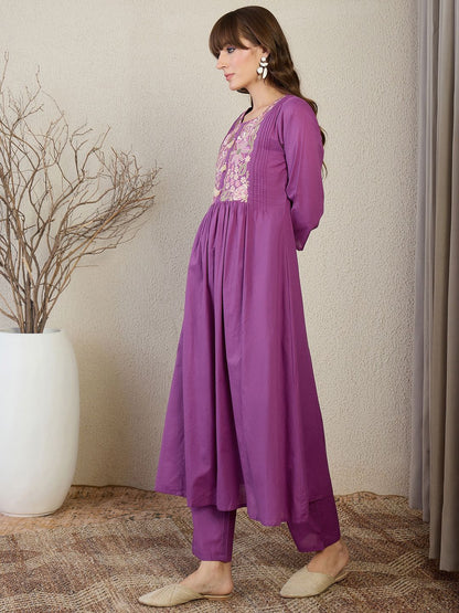 Indyancart IE Embroidered Round Neck Top With Trousers Co-Ords