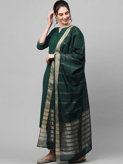 Indyancart IE Women Green Pure Cotton Kurta with Palazzos & Dupatta