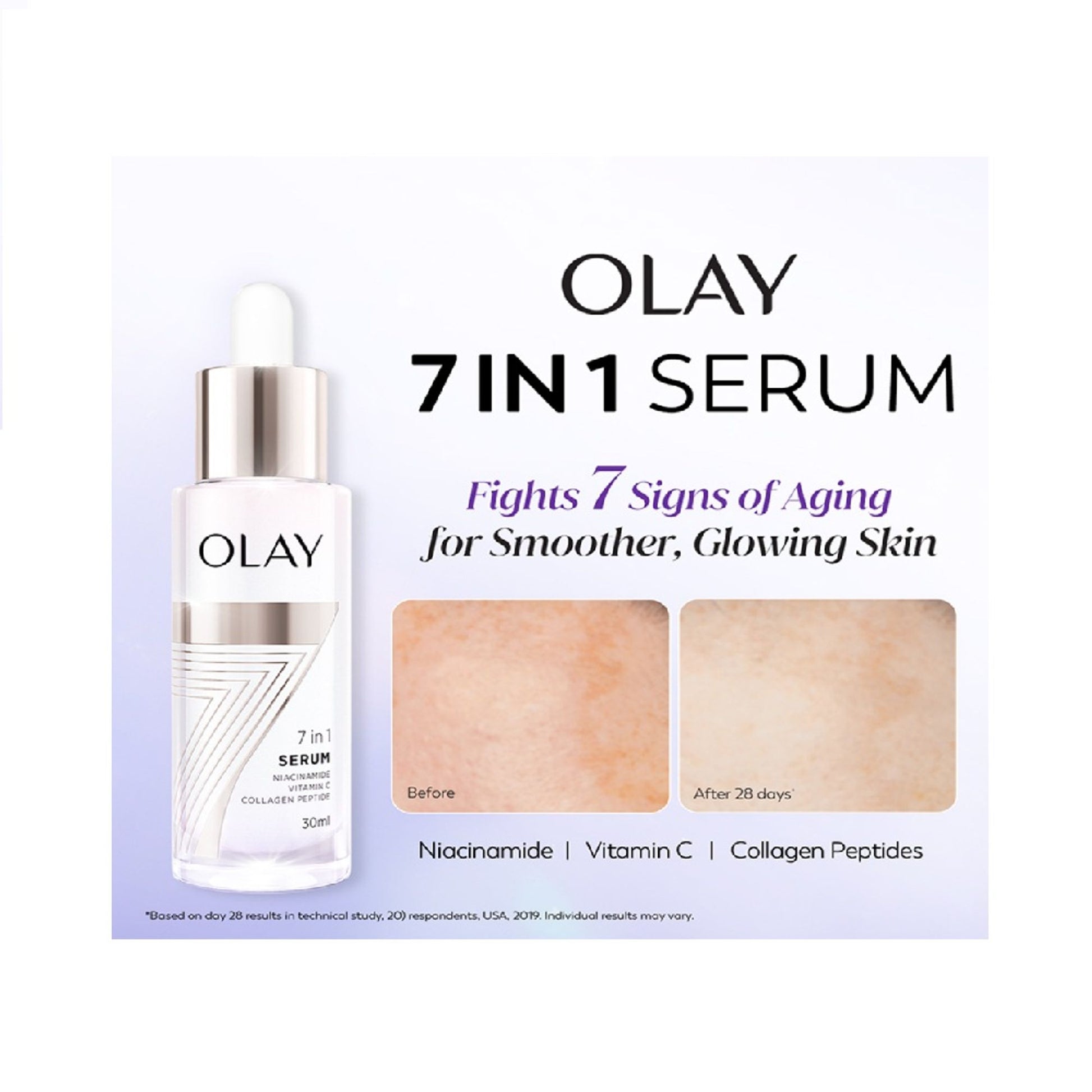 Olay 7in1 Serum with Niacinamide, Vitamin C, Collagen Peptides, Fights 7 Skin Issues