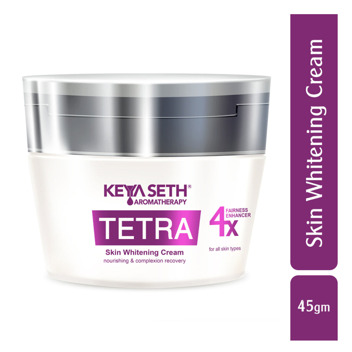 Keya Seth Aromatherapy Tetra Skin Whitening Night Cream jar with white and purple packaging, showcasing the product label.