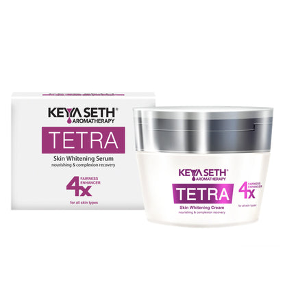 Keya Seth Aromatherapy Tetra Skin Whitening Night Cream jar with white and gold packaging, designed for brightening skin.