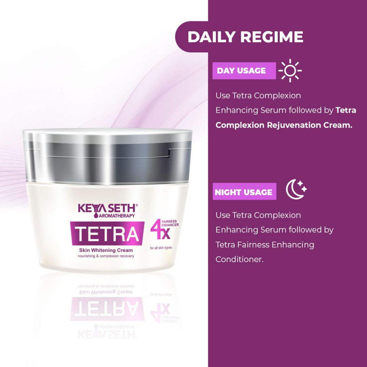 Keya Seth Aromatherapy Tetra Skin Whitening Night Cream jar with white lid and product label on a white background.