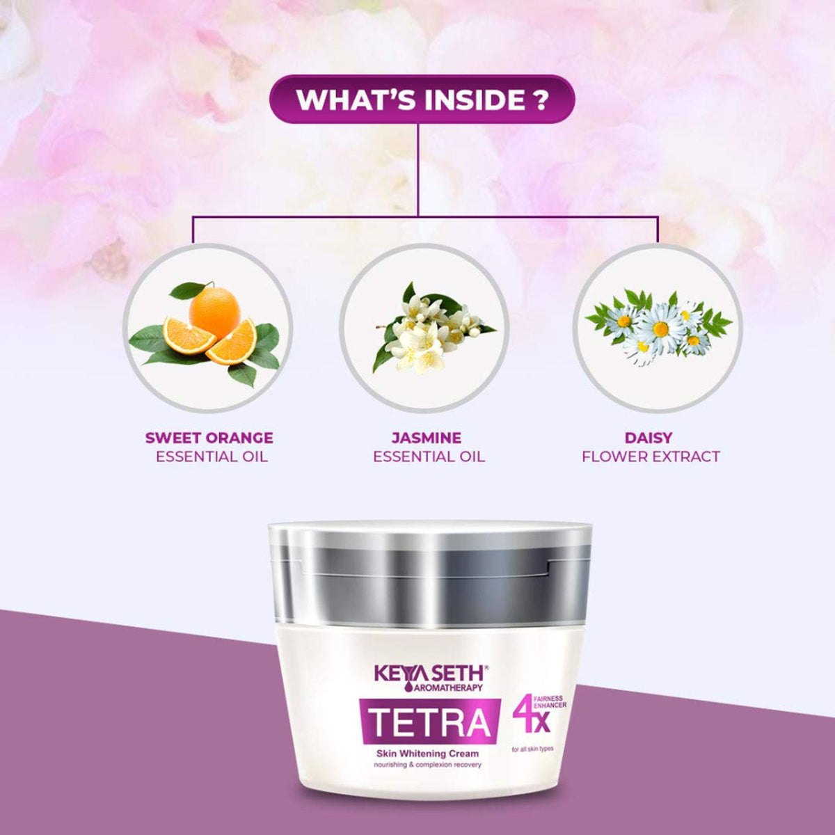 Keya Seth Aromatherapy Tetra Skin Whitening Night Cream jar with white lid and product label visible.