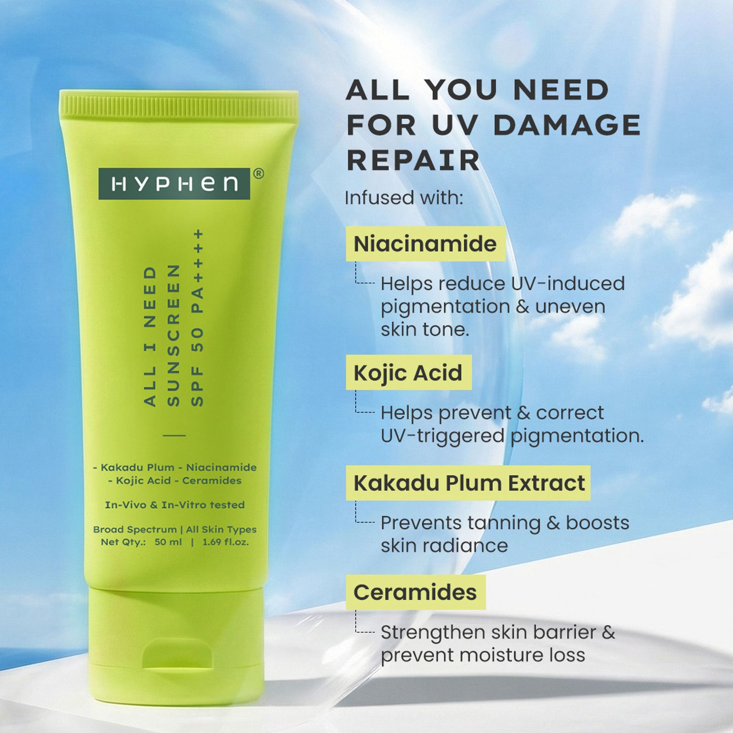 Hyphen All I Need Sunscreen SPF50 PA++++, Moisturizes, Repairs UV Damage, In-Vivo Tested