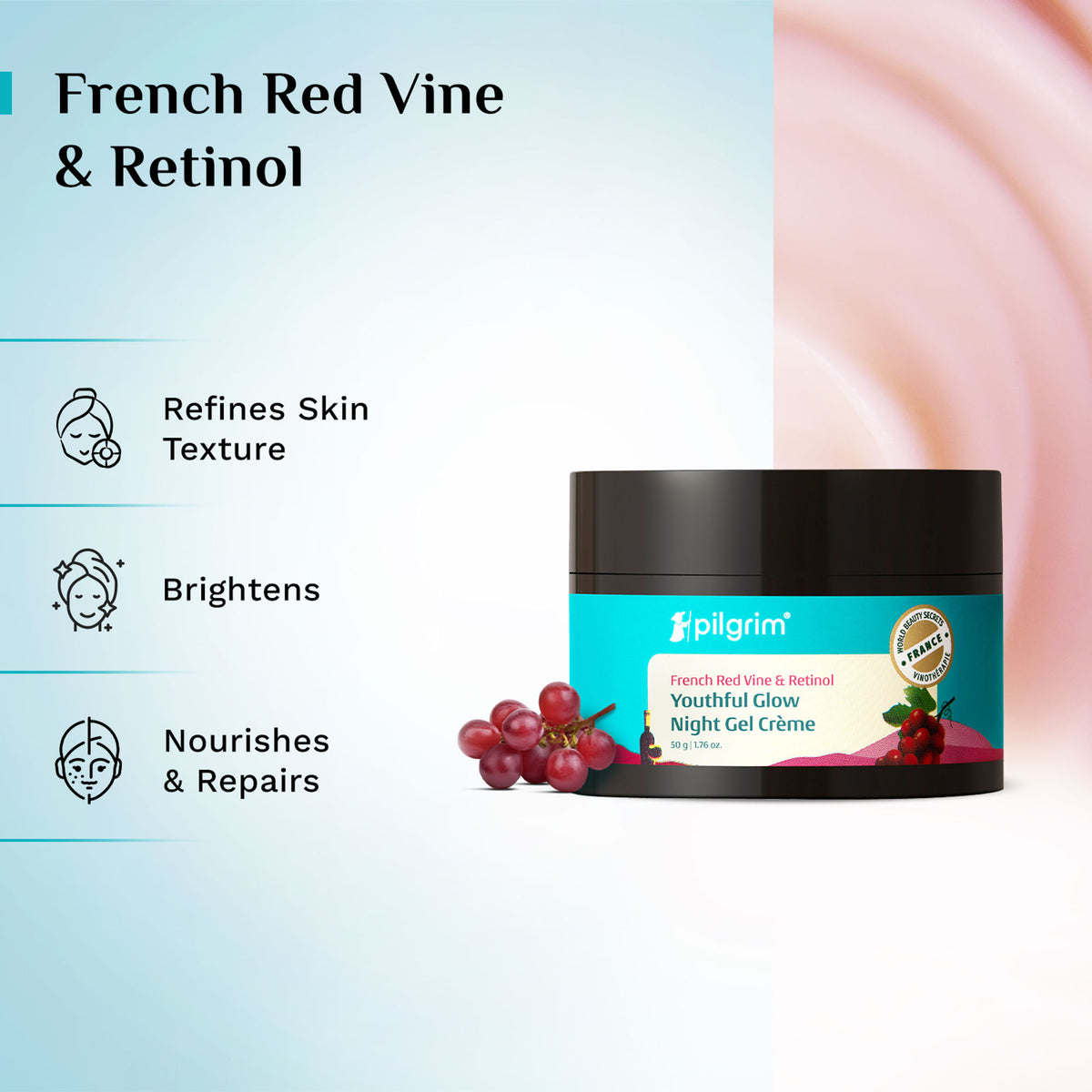 Pilgrim French Red Vine & Retinol Youthful Glow Anti-Ageing Night Gel Creme Refine Skin Texture