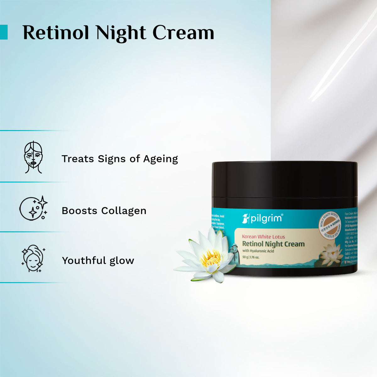 Pilgrim Korean White Lotus Retinol AntiAgeing Night Cream with HyaluronicAcid Enchance Skin Radiance