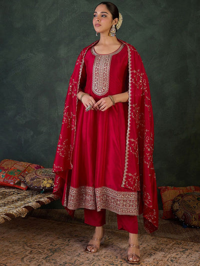Indyancart IE Women Ethnic Motifs Embroidered Sequinned Kurta with Trousers & With Dupatta