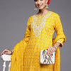 Dhiyona IE Women Mustard Yellow Floral Printed Thread Work Kurta with Trousers & With Dupatta