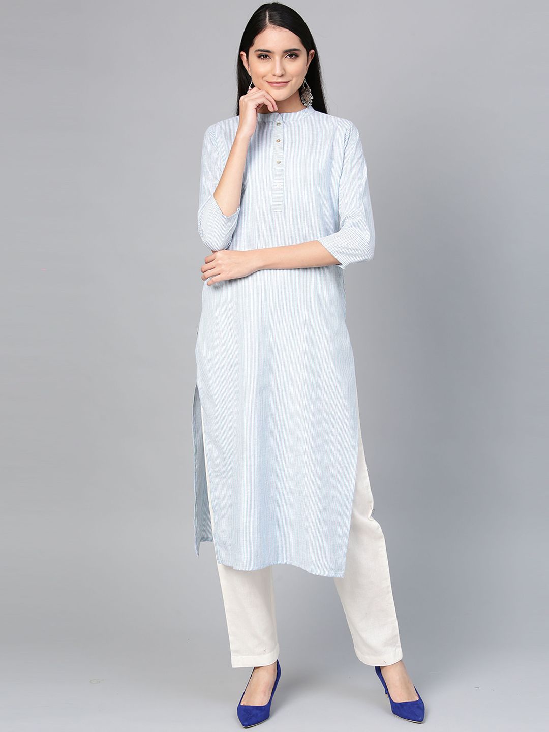 Dhiyona IE Women Sea Green & Cream-Coloured Striped Straight Kurta
